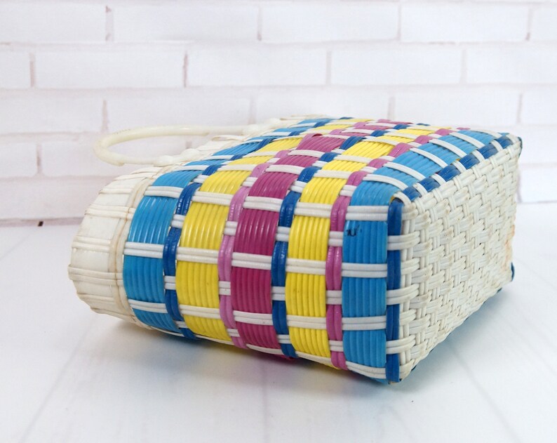 Retro plastic wicker basket 70's Rainbow Woven handle Etsy
