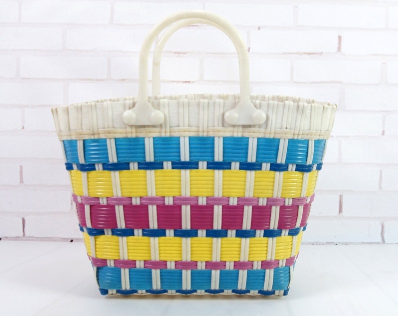 Retro plastic wicker basket 70's Rainbow Woven handle Etsy