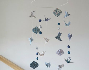 Origami baby mobile, large XL model, diamond crystals stars birds and butterflies, navy blue, duck, and white tones, baby decoration