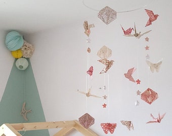 Origami baby mobile size XL, pink and beige tones, with cranes, stars, doves, butterflies, baby girl room decoration