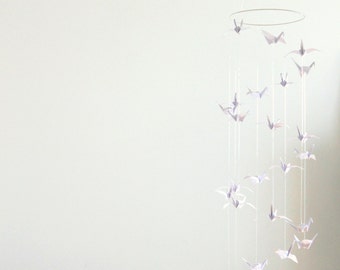 Origami mobile, Triple Spiral of White Bird Cranes, minimalist paper suspension