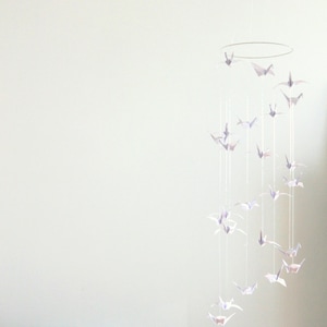Origami Mobile with triple Spiral of White Crane Birds for Minimalist Baby Room Decor