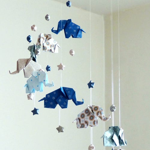Origami Baby Mobile Elephants And Stars Navy Blue Gray Etsy