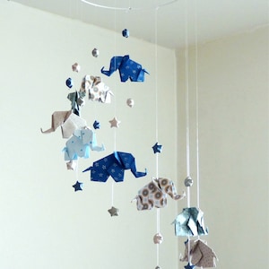 Origami baby mobile Elephants and stars, navy blue, gray, taupe, white image 1