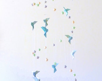 Origami baby mobile, Stars and Doves Mint gray and cream