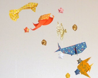 Origami baby fish mobile, animals of the sea ans stars, blue, orange, yellow and gold tones