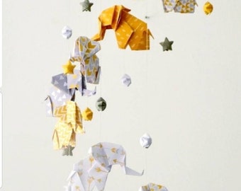 Origami baby mobile elephants and stars, mustard yellow, gray and white, safari mobile