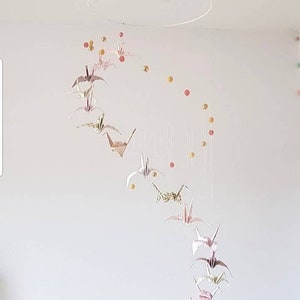 Baby girl origami mobile, spiral cranes, powder pink, gold, beige, children's room decoration