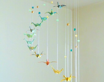 Origami mobile baby, Spiral crane mobile, birds, green, yellow, golden