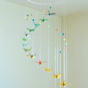 Origami mobile baby, Spiral crane mobile, birds, green, yellow, golden