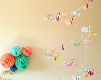 Origami baby mobile, Pastel cranes, Triple spiral of birds, baby room decoration