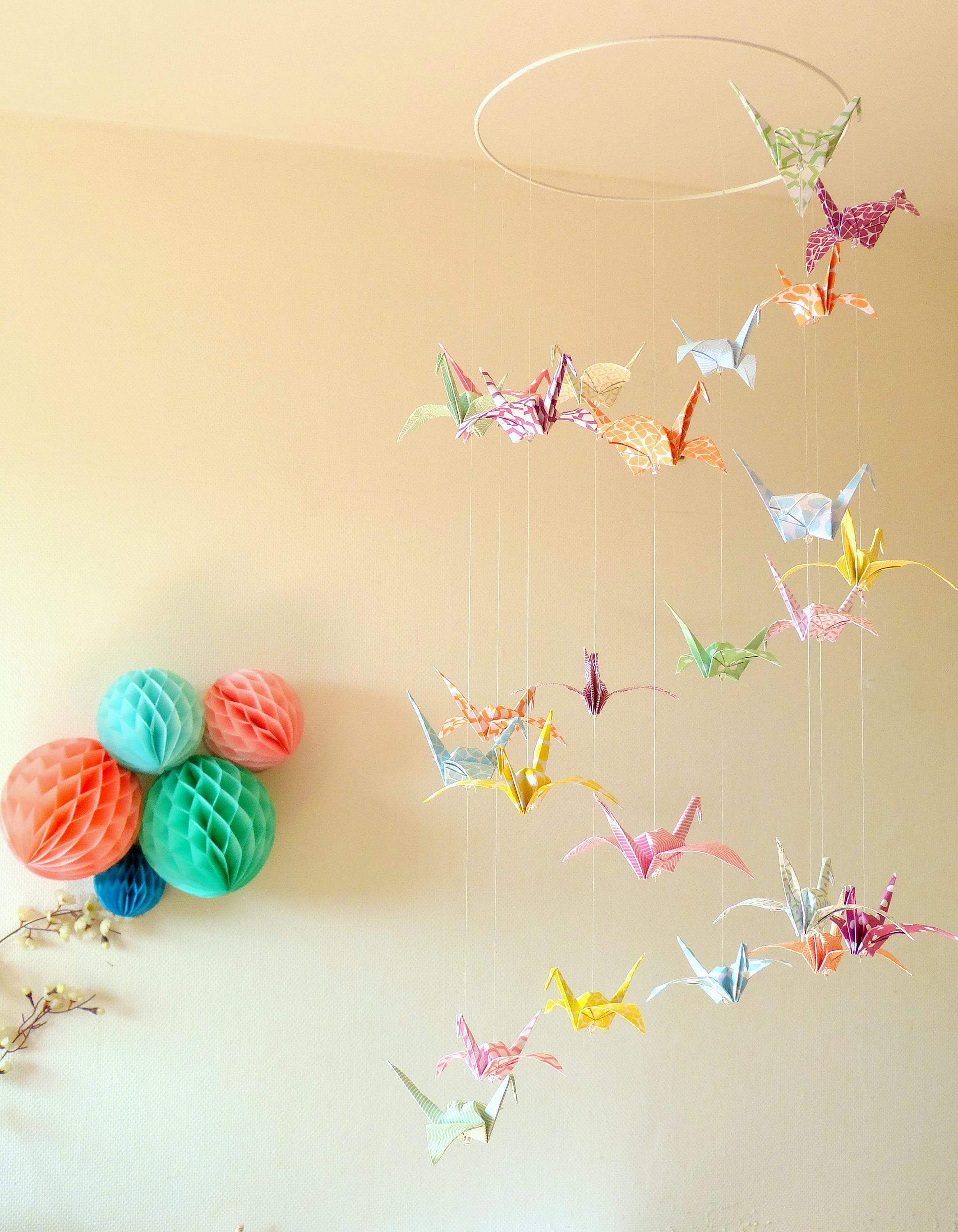 Mobile Bébé Origami Grues Pastel, Triple Spirale, Mobile Oiseaux, Moderne Neutral Nursery