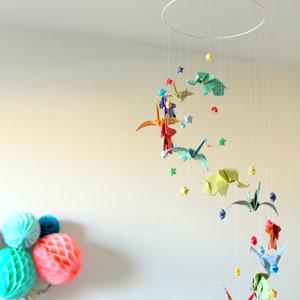 Origami mobile for baby with paper crane and elephants, spirale shape qnd stars, paper crane mobile, elephant and bird mobile