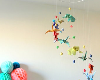 Origami mobile for baby with paper crane and elephants, spirale shape qnd stars, paper crane mobile, elephant and bird mobile