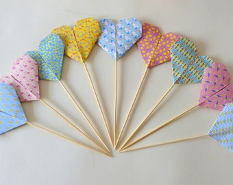 Origami hearts toppers: 9 picks, toppers, origami, cakes, table decoration, parties prenatal wedding - pastel Unicorn Flamingo patterns