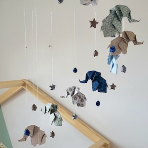 Origami baby mobile Elephants and stars, navy blue, gray, taupe, white image 5