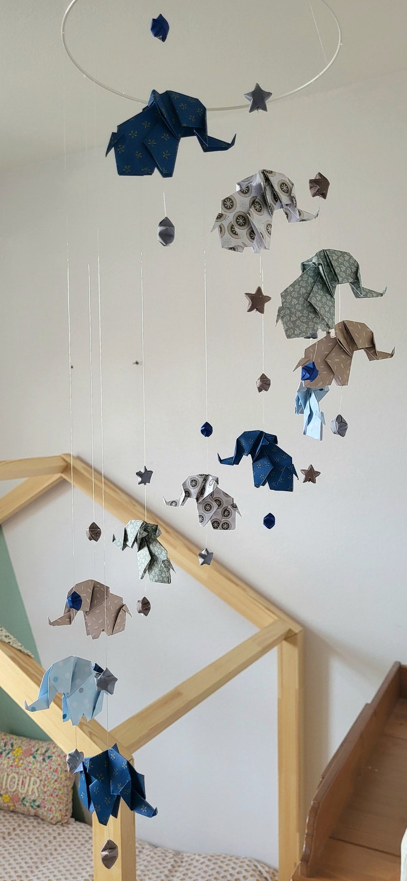 Origami baby mobile Elephants and stars, navy blue, gray, taupe, white image 5