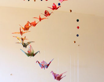 Origami mobile for baby "Spiral" Paper cranes, japanese motifs, and beads