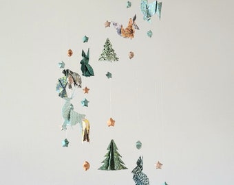 Origami baby mobile Enchanted forest animals in spiral with stars, mixed tones mint blue green