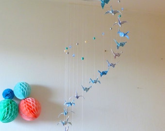 折り紙ベビーモビール、螺旋鶴、スカイブルー、ターコイズ、ミント