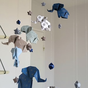 Origami baby mobile Elephants and stars, navy blue, gray, taupe, white image 4