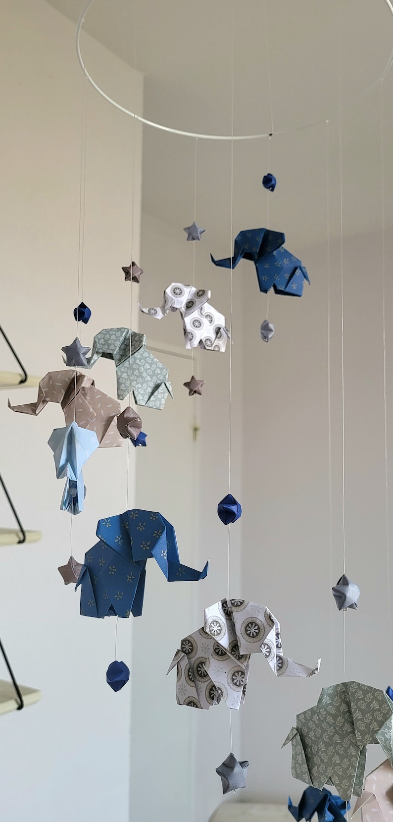 Origami baby mobile Elephants and stars, navy blue, gray, taupe, white image 4