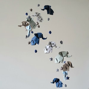 Origami baby mobile Elephants and stars, navy blue, gray, taupe, white image 2