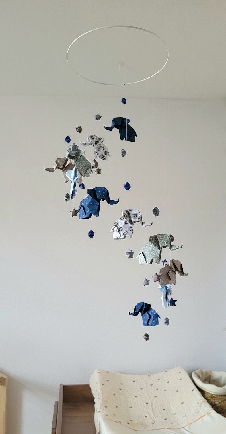 Origami baby mobile Elephants and stars, navy blue, gray, taupe, white image 2