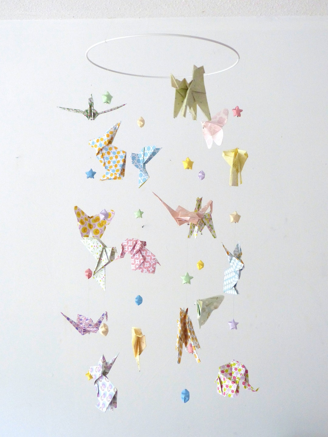 Origami Baby Mobile With Animals and Stars Pastel Colors, Mint Green