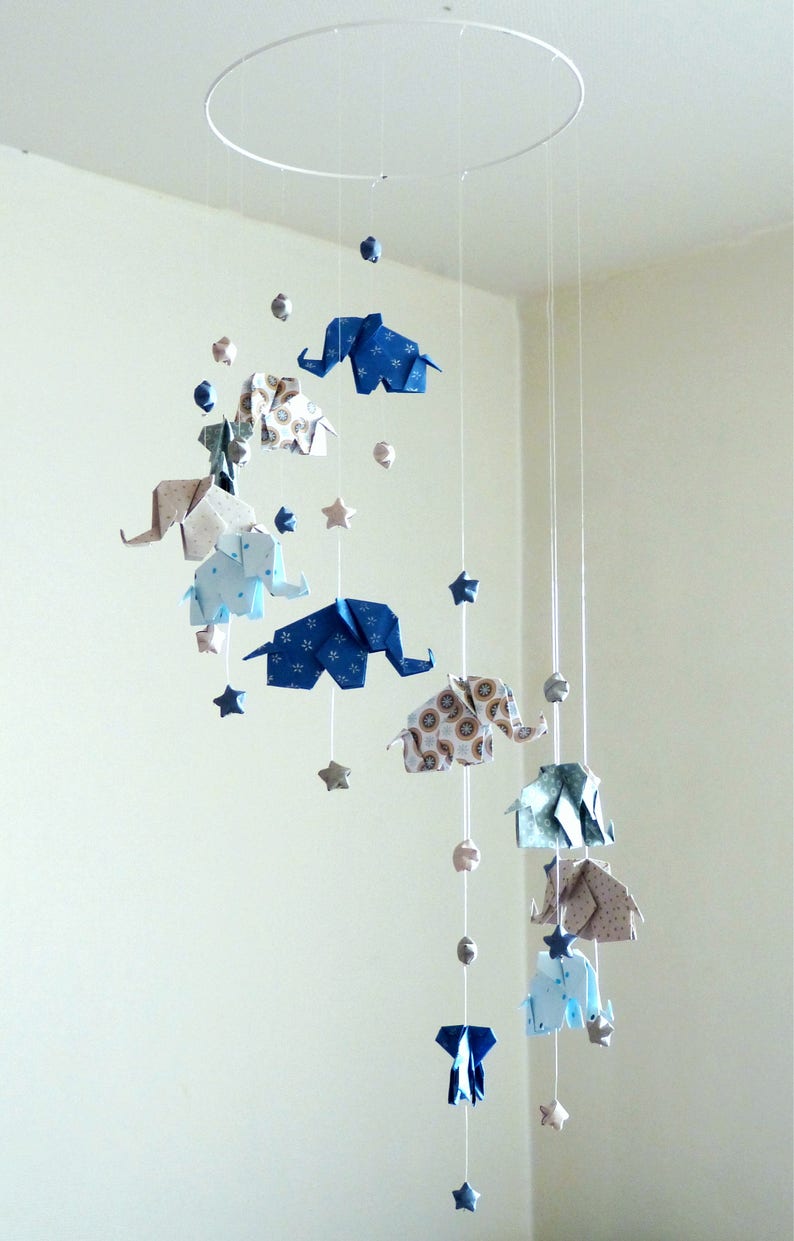 Origami baby mobile Elephants and stars, navy blue, gray, taupe, white image 1