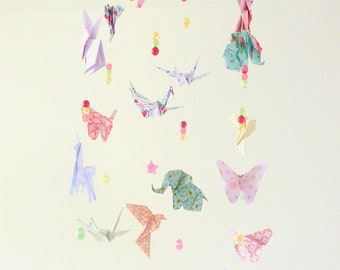 Baby mobile Origami Coral pink and water green animals - Unicorns, elephants, cranes, rabbit, butterflies, doves, glass beads