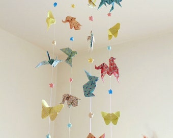 Origami mobile baby, animals and stars origami,  pastel colors red coral, yellow, blue-green, Crane, elephant, butterfly, bunny, horse, fish