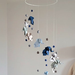 Origami baby mobile Elephants and stars, navy blue, gray, taupe, white image 6