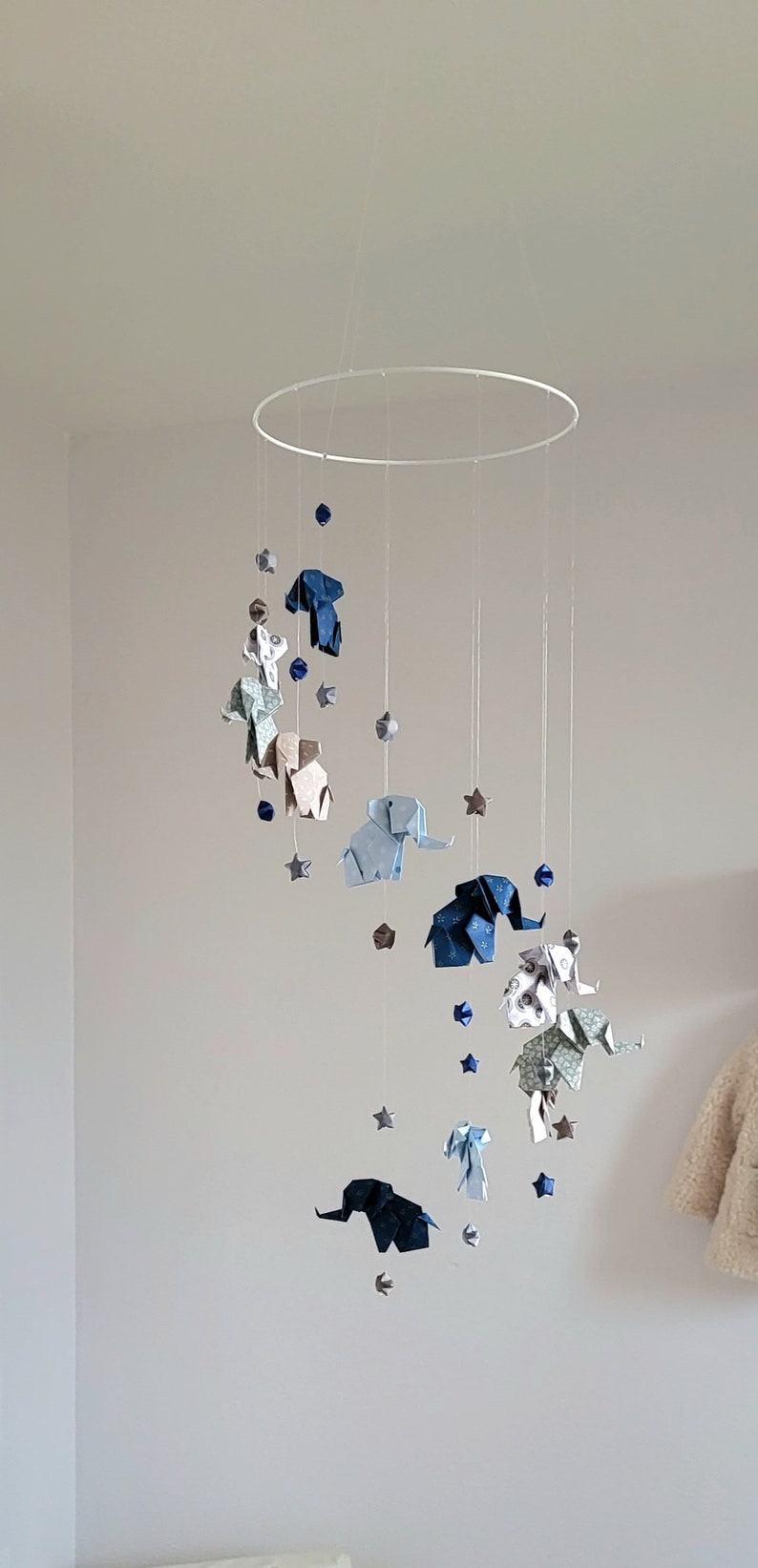 Origami baby mobile Elephants and stars, navy blue, gray, taupe, white image 6