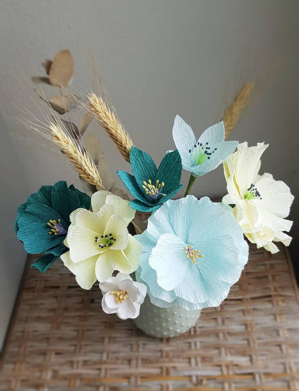 Fleurs en Papier, Bouquet de 7 Fleurs Bleu Vert Émeraude, Jaune Pâle, et Blanc | Fleurs Fête Des Mèr