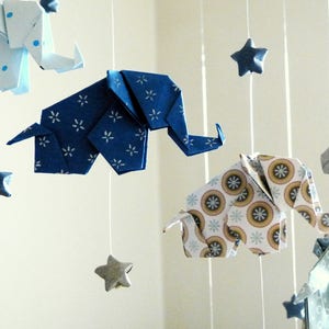 Origami baby mobile Elephants and stars, navy blue, gray, taupe, white image 8