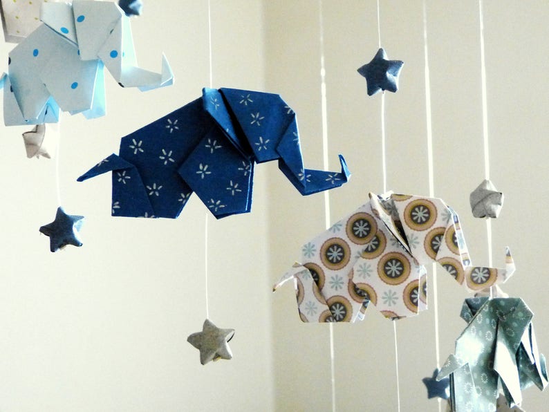 Origami baby mobile Elephants and stars, navy blue, gray, taupe, white image 8