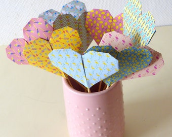 Origami Hearts decoration: 9 toppers for cakes, table, babyshower, wedding birthday, pink flamingo unicorn pop patterns