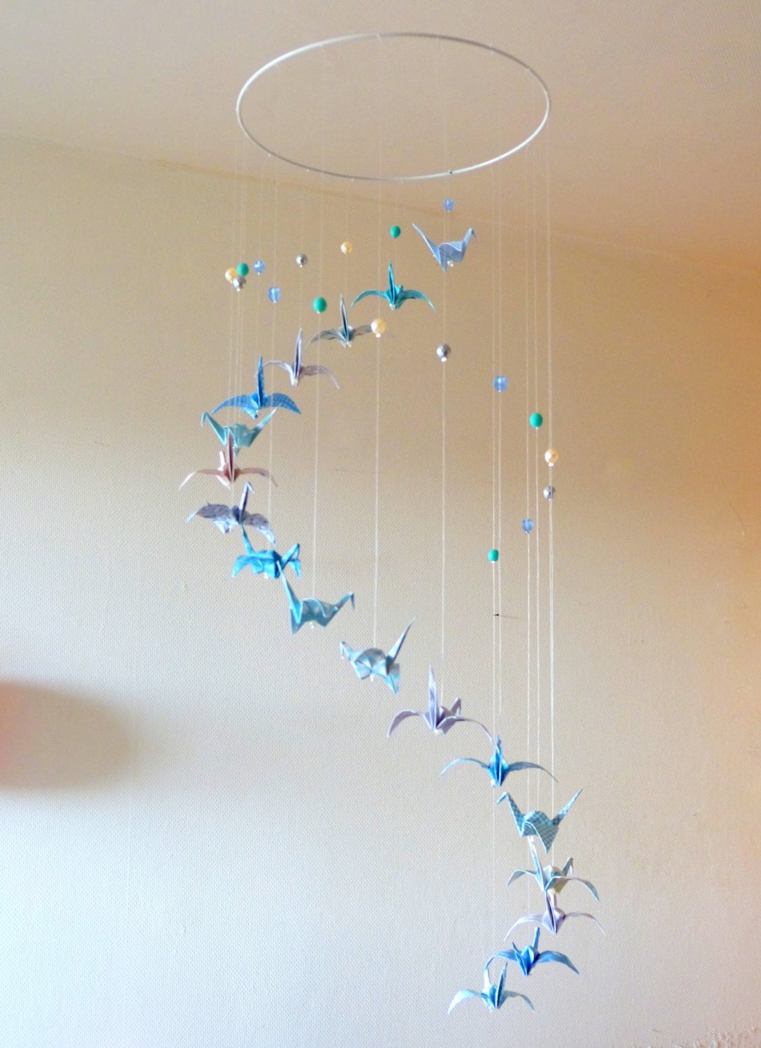 折り紙ベビーモビール、螺旋鶴、スカイブルー、ターコイズ、ミント