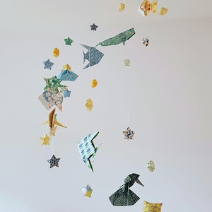 Origami Baby Mobile with spiral Marine Animals and Stars in Vibrant Under the Sea Theme, in green, blue, yellow tones