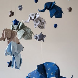 Origami baby mobile Elephants and stars, navy blue, gray, taupe, white image 7