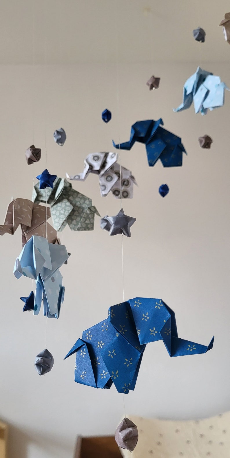 Origami baby mobile Elephants and stars, navy blue, gray, taupe, white image 7