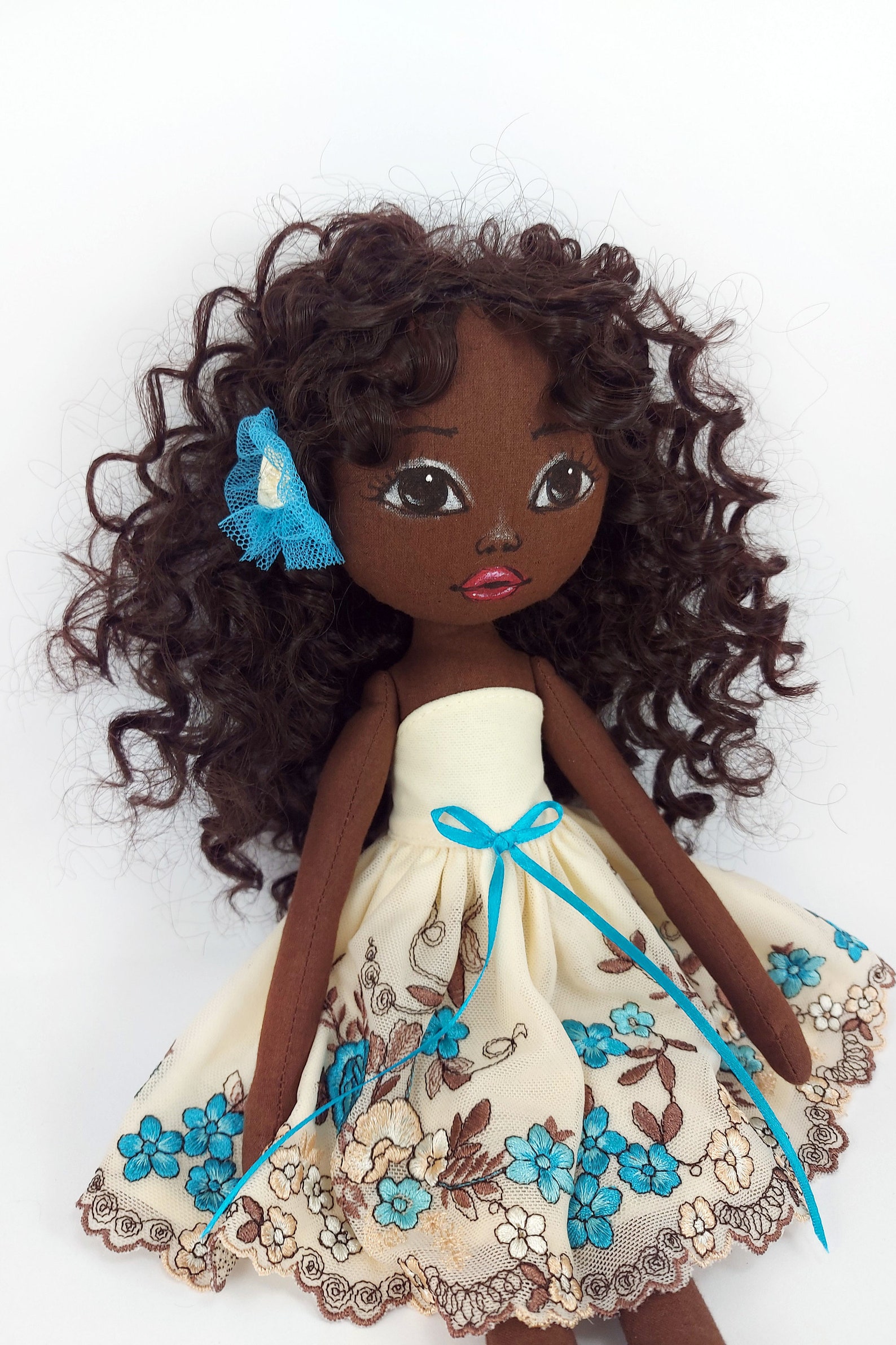 Black african rag doll with curly long hair with painted face. Etsy