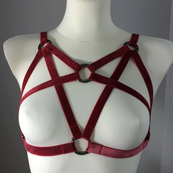 Harness bra | elastic fetish | BDSM | red Velvet harness | bondage | red  harness top | pole dance | exotic body cage | goth | cyber punk