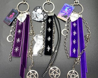 Graduation Gift Gothic Bag Charm with Tarot Card & Moon and Lovers / Witchy Velvet Keychain: