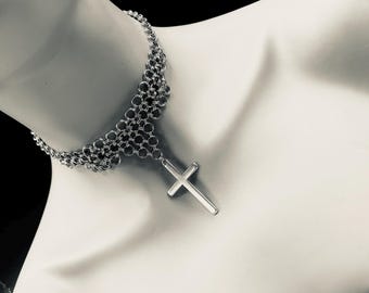 Chainmail Necklace with Cross Charm Stainless Steel