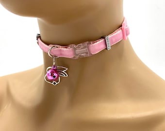 Velvet Bunny Day Collar Choker 10 mm with Bell, Adjustable Petplay Gear Necklace