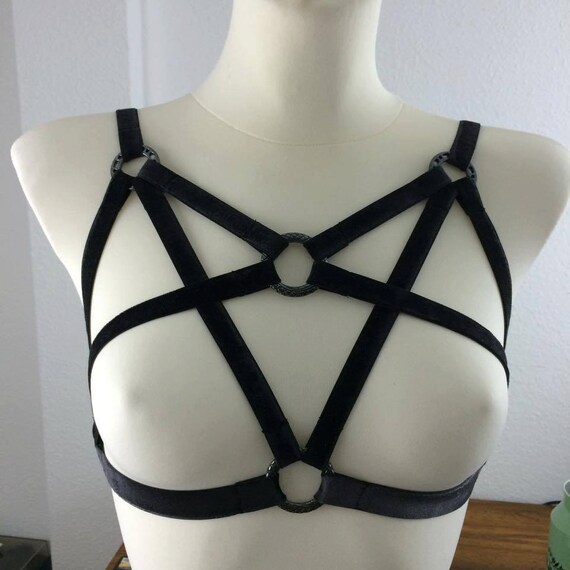 Harness elastic fetish bdsm harness bondage black Velvet and Atlas Pagan harness pole dance exotic bodycage goth cyber punk rock