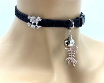 Velvet Kitten Play Collar with Bell Scull Necklace