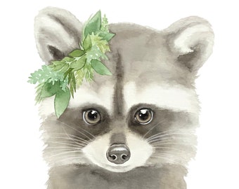Greenery Crown Little Raccoon Watercolor Print